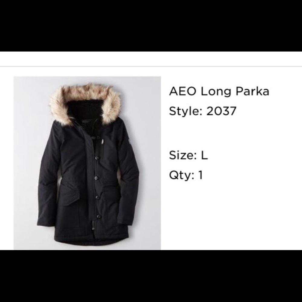 American Eagle Black Parka with faux fur hood -L